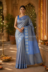 Banarasi Plain Tissue Sarees with Zari Buti border and plain pallu in Powder Blue