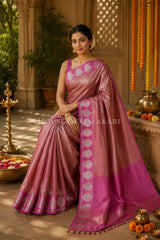 Banarasi Plain Tissue Sarees with Zari buta border and plain pallu in Dusty Rose Pink