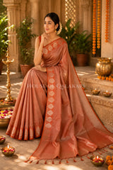 Banarasi Plain Tissue Sarees with Zari buta border and plain pallu in Copper blush