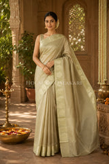 Banarasi Plain Tissue Sarees with Zari buta border and plain pallu in Soft Gold