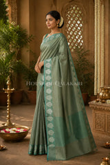 Banarasi Plain Tissue Sarees with Zari buta border and plain pallu in Sage Green