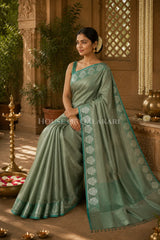 Banarasi Plain Tissue Sarees with Zari buta border and plain pallu in Sage Green