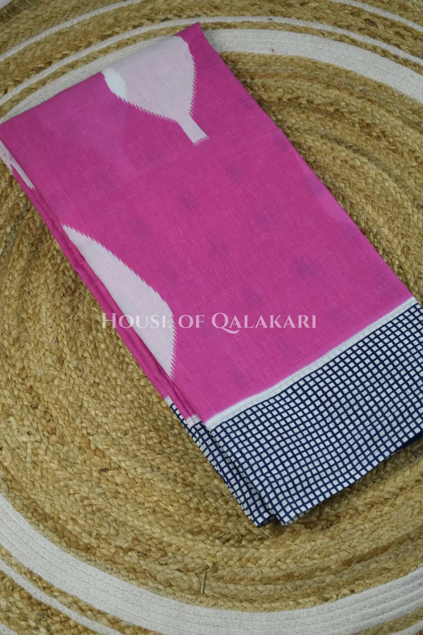Pink & Navy Blue Bagru Mulmul Cotton Saree with Off-White Floral Buti Prints