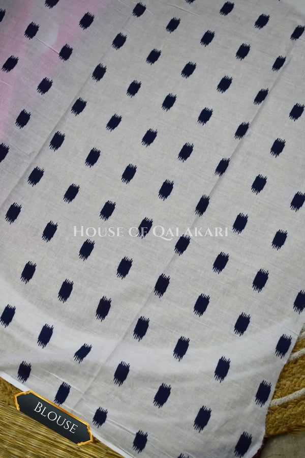 Pink & Navy Blue Bagru Mulmul Cotton Saree with Off-White Floral Buti Prints