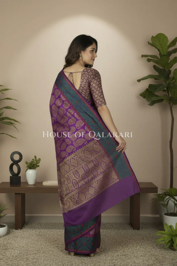 Royal Purple & Antique Gold Banarasi Cotton Patola Saree with all over paisley buti