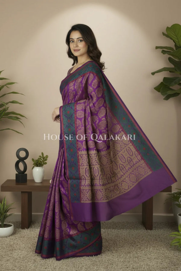 Royal Purple & Antique Gold Banarasi Cotton Patola Saree with all over paisley buti