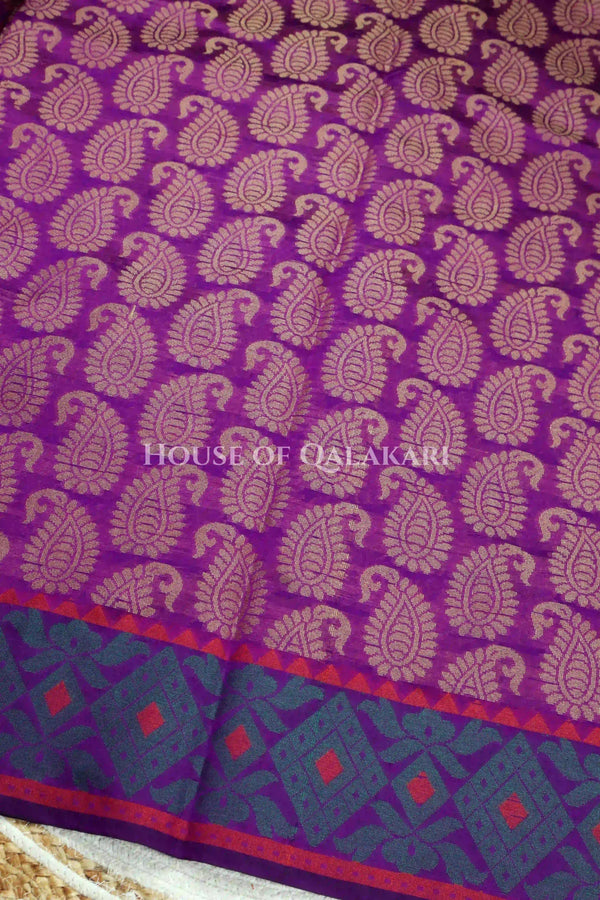 Royal Purple & Antique Gold Banarasi Cotton Patola Saree with all over paisley buti