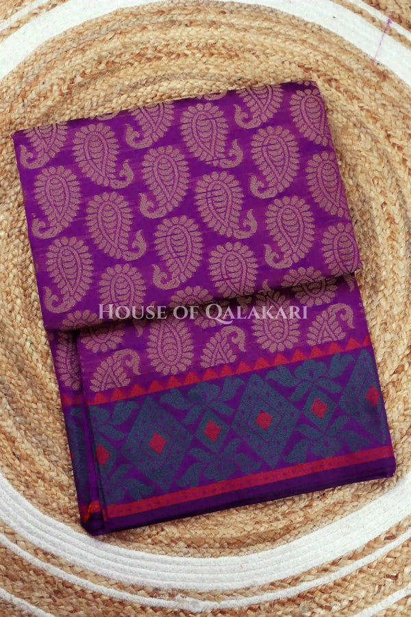 Royal Purple & Antique Gold Banarasi Cotton Patola Saree with all over paisley buti