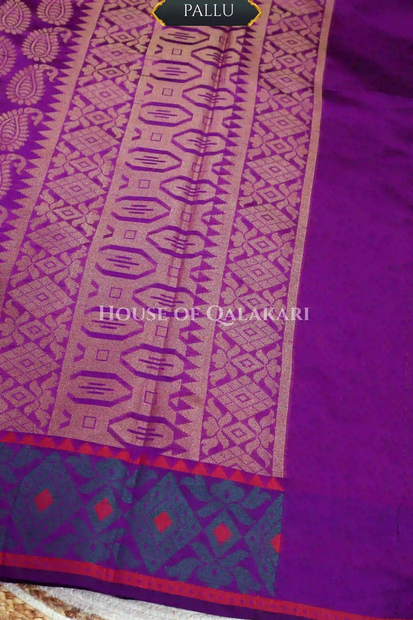 Royal Purple & Antique Gold Banarasi Cotton Patola Saree with all over paisley buti