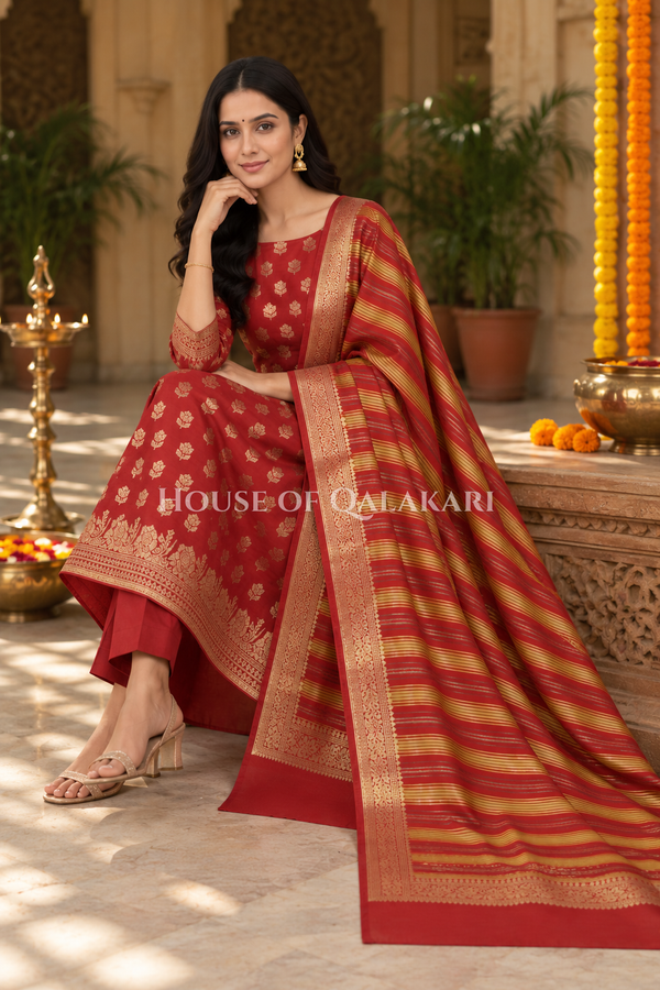 Banarasi Cotton Silk blend Unstitched Dress Material in Red and with matching floral vine jaal dupatta