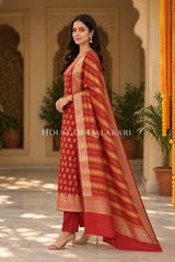 Banarasi Cotton Silk blend Unstitched Dress Material in Red and with matching floral vine jaal dupatta