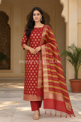 Banarasi Cotton Silk blend Unstitched Dress Material in Red and with matching floral vine jaal dupatta