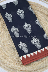 Black & Rust Bagru Mulmul Cotton Saree with Off-White Paisley Motifs