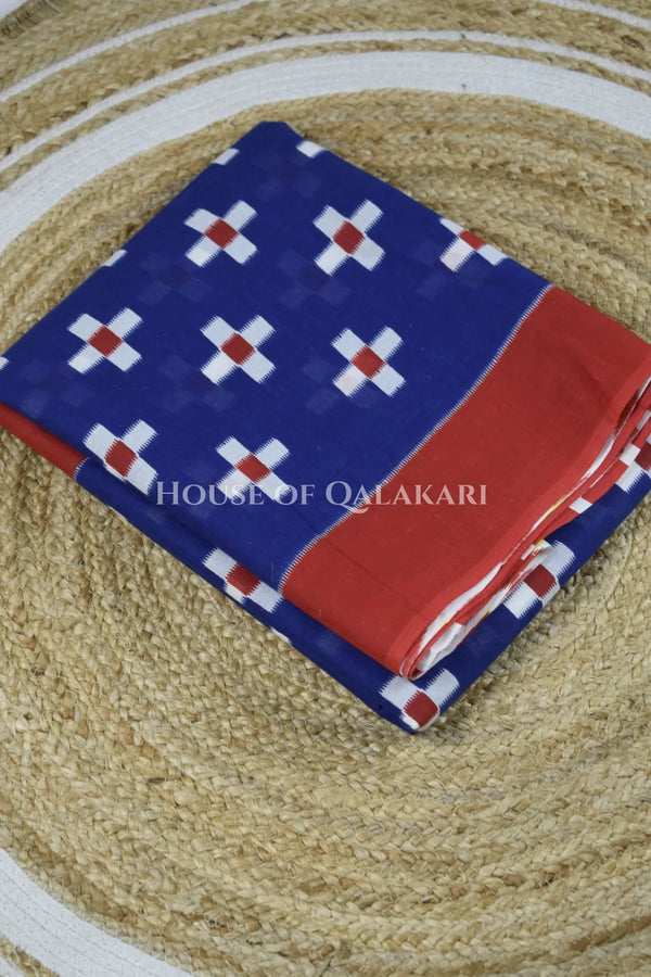 Indigo Blue & Red Bagru Mulmul Cotton Saree with Off-White Geometric Buti Prints