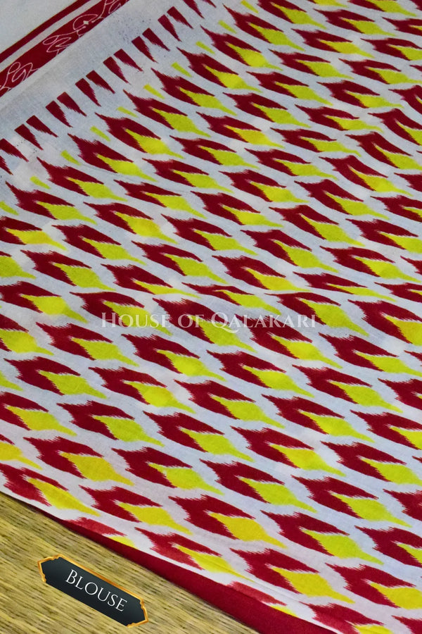 Indigo Blue & Red Bagru Mulmul Cotton Saree with Off-White Geometric Buti Prints