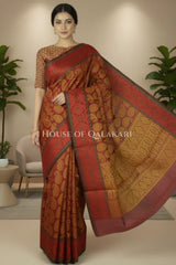 Brick Red & Antique Gold  Banarasi Cotton Patola Saree with all over paisley buti