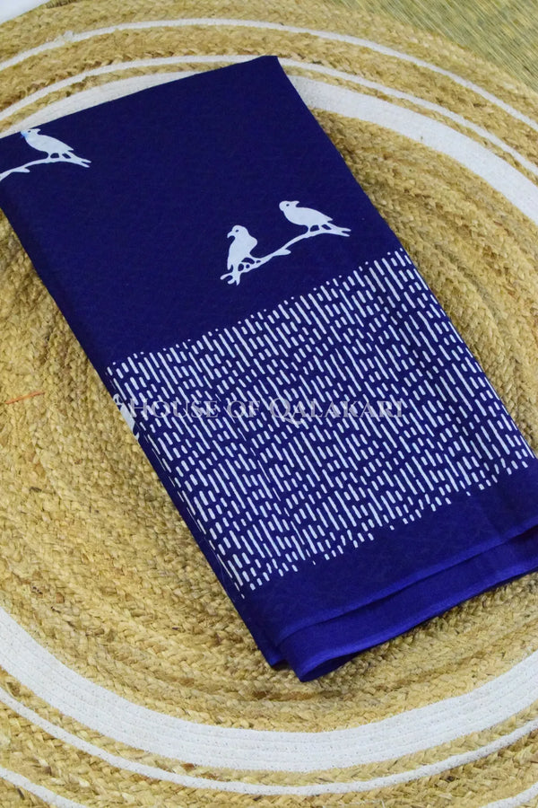 Indigo Bagru Mulmul Cotton Saree with Off-White Bird Motifs
