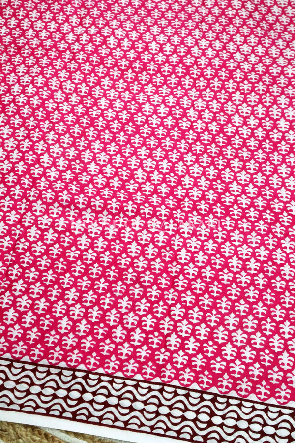 Pink Floral Bagru Mulmul Cotton Saree with Off-White Prints and brown floral vines