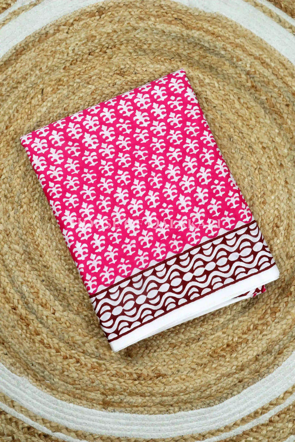 Pink Floral Bagru Mulmul Cotton Saree with Off-White Prints and brown floral vines
