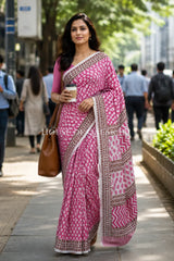 Pink Floral Bagru Mulmul Cotton Saree with Off-White Prints and brown floral vines