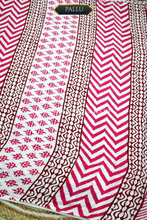 Pink Floral Bagru Mulmul Cotton Saree with Off-White Prints and brown floral vines