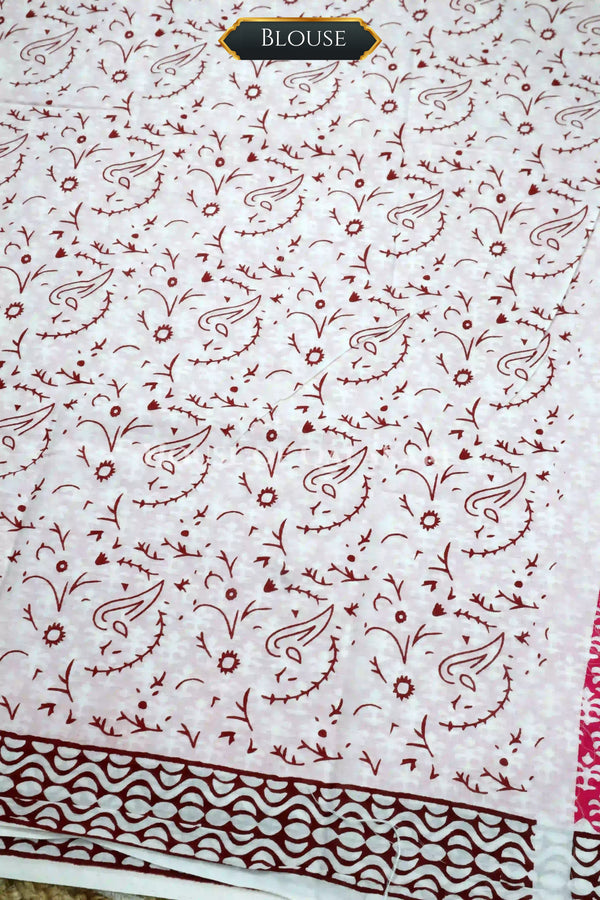 Pink Floral Bagru Mulmul Cotton Saree with Off-White Prints and brown floral vines
