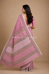 Pink Floral Bagru Mulmul Cotton Saree with Off-White Prints and brown floral vines