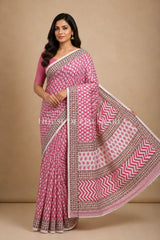 Pink Floral Bagru Mulmul Cotton Saree with Off-White Prints and brown floral vines
