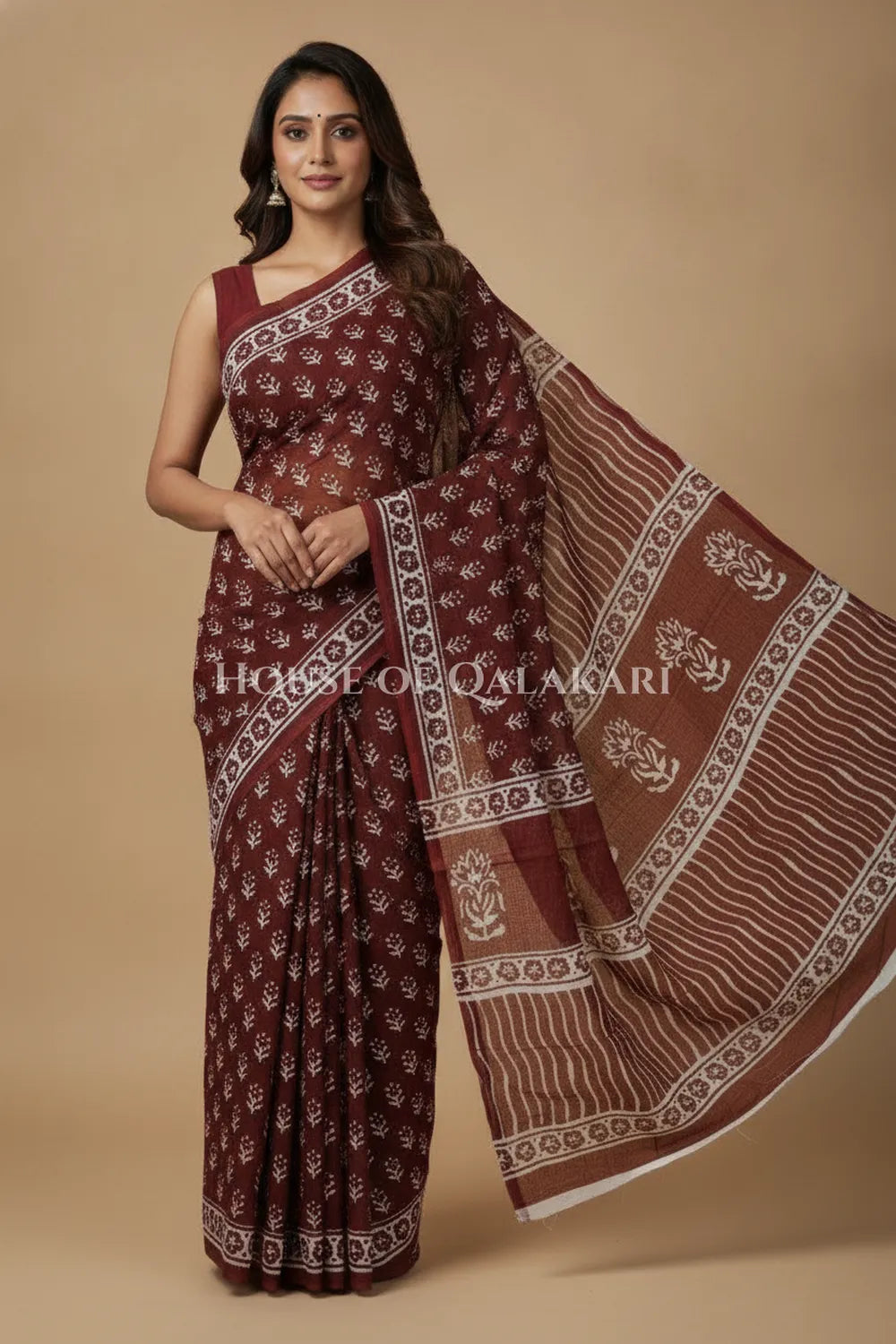 Maroon Floral Sprig Bagru Mulmul Cotton Saree with white prints