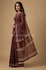 Maroon Floral Sprig Bagru Mulmul Cotton Saree with white prints