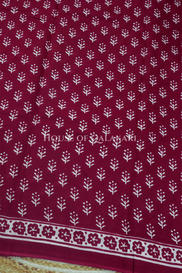 Deep Wine Floral Sprig Bagru Mulmul Cotton Saree with white prints