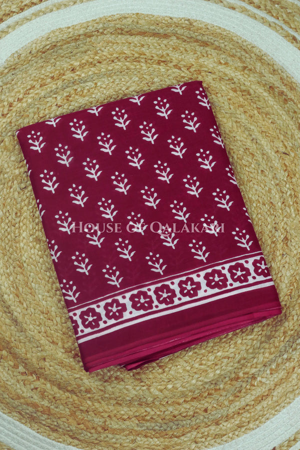 Deep Wine Floral Sprig Bagru Mulmul Cotton Saree with white prints