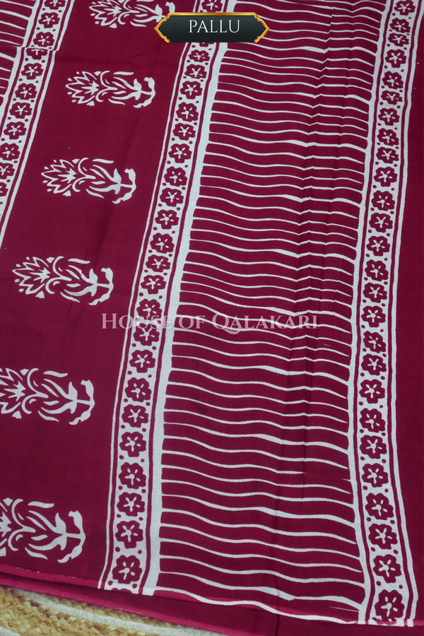 Deep Wine Floral Sprig Bagru Mulmul Cotton Saree with white prints