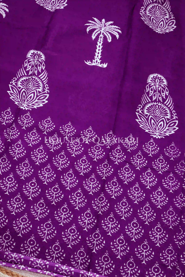 Purple Palm Motif Bagru Mulmul Cotton Saree with white prints