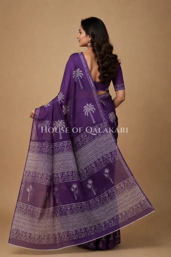 Purple Palm Motif Bagru Mulmul Cotton Saree with white prints