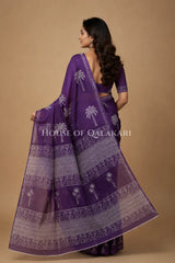 Purple Palm Motif Bagru Mulmul Cotton Saree with white prints