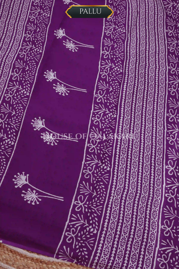 Purple Palm Motif Bagru Mulmul Cotton Saree with white prints