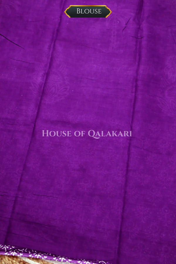 Purple Palm Motif Bagru Mulmul Cotton Saree with white prints