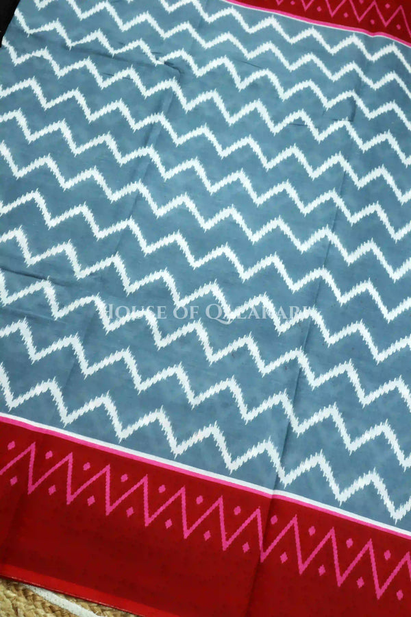 Slate Grey & Red Chevron Bagru Mulmul Cotton Saree with cicular motifs red pallu