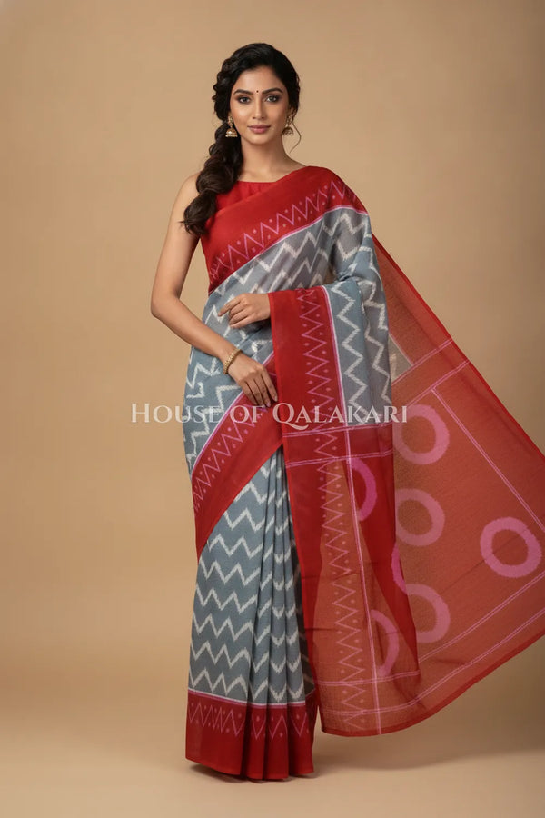 Slate Grey & Red Chevron Bagru Mulmul Cotton Saree with cicular motifs red pallu