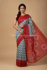 Slate Grey & Red Chevron Bagru Mulmul Cotton Saree with cicular motifs red pallu