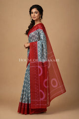 Slate Grey & Red Chevron Bagru Mulmul Cotton Saree with cicular motifs red pallu
