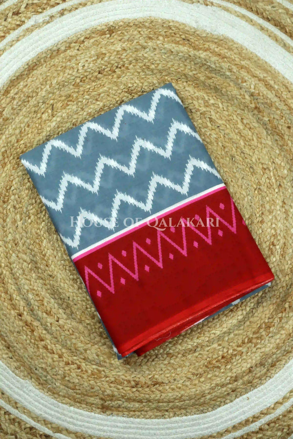 Slate Grey & Red Chevron Bagru Mulmul Cotton Saree with cicular motifs red pallu