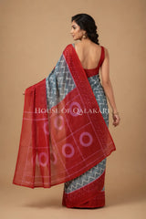 Slate Grey & Red Chevron Bagru Mulmul Cotton Saree with cicular motifs red pallu