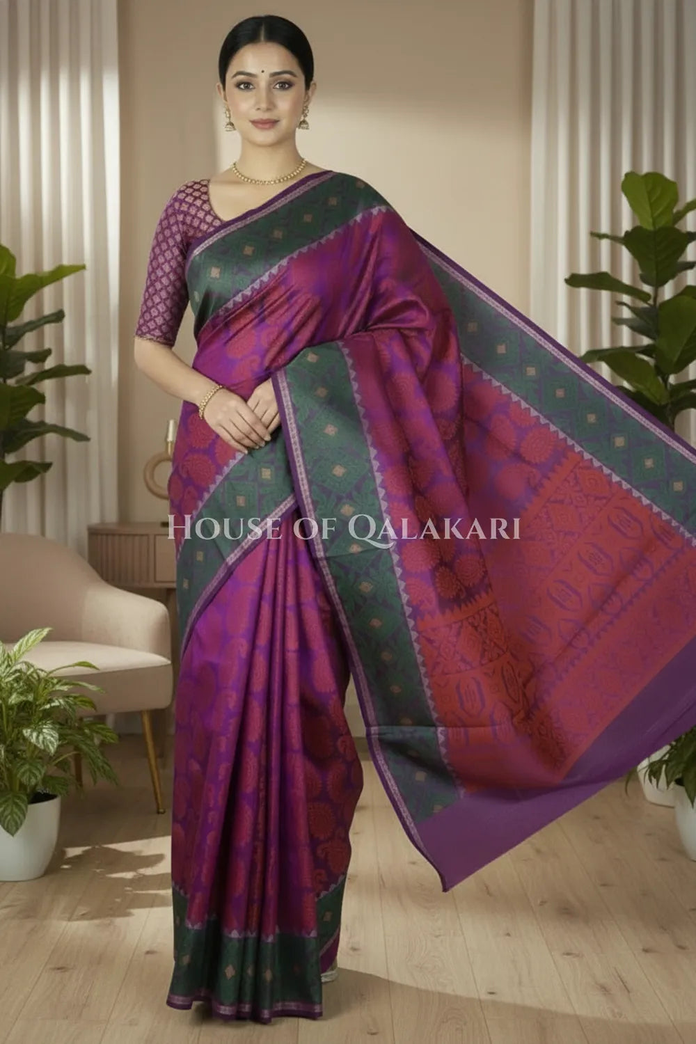 Royal Purple & Antique Copper Banarasi Cotton Patola Saree with all over paisley buti