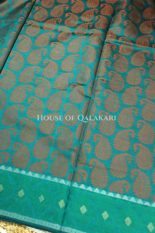 Teal Green & Antique copper Banarasi Cotton Patola Saree with all over paisley buti