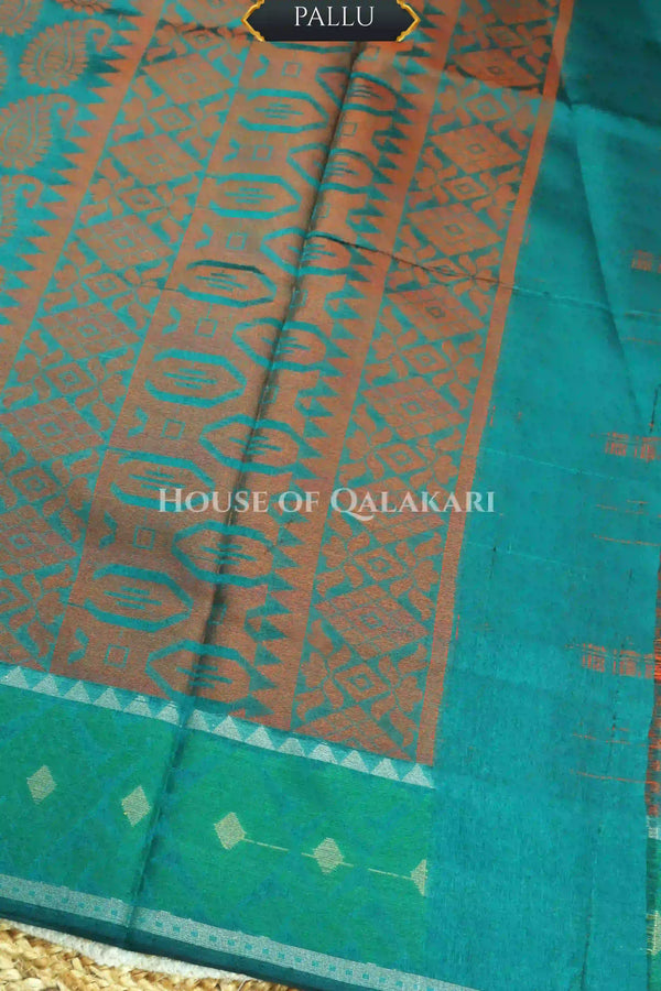 Teal Green & Antique copper Banarasi Cotton Patola Saree with all over paisley buti