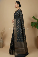Banarasi Cotton Saree in Black with rounded floral leaf buti