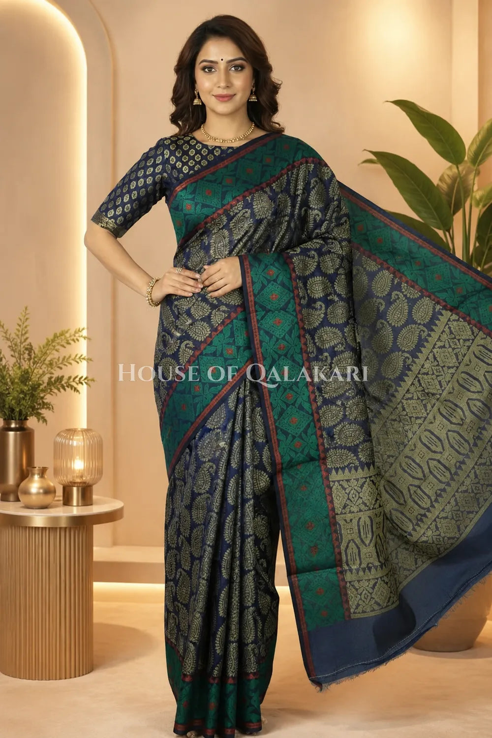 Navy Blue & Antique Gold Banarasi Cotton Patola Saree with all over paisley buti