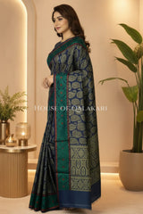 Navy Blue & Antique Gold Banarasi Cotton Patola Saree with all over paisley buti